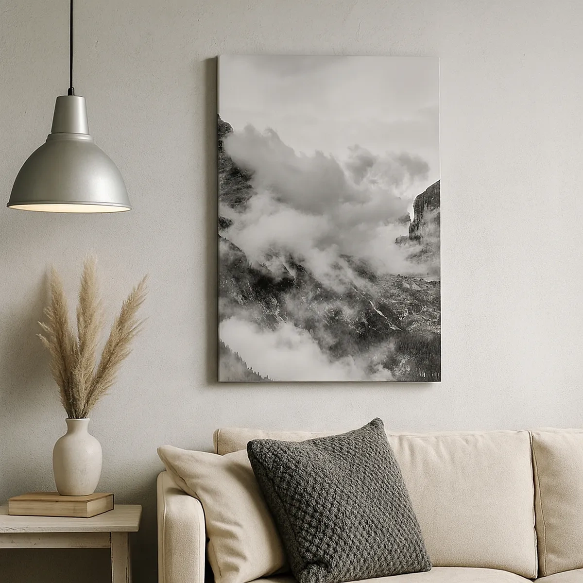 Bild auf Leinwand - Leinwandbild - Schwarz-Weiß-Ansicht der von Wolken umgebenen Berge - 50x70cm - Schön und grausam - Moderne Wanddekoration für Wohnzimmer und Schlafzimmer ARTTOR