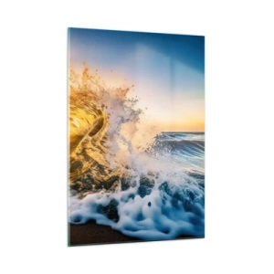 Glasbild - Bild auf glas - Eine Welle, die gegen die Küste bricht, beleuchtet von den Strahlen der untergehenden Sonne - 50x70cm - Spaß im Sand - Moderne Wanddekoration für Wohnzimmer und Schlafzimmer ARTTOR