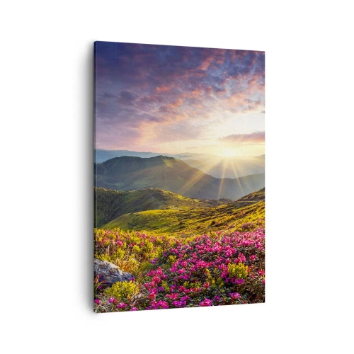 Bild auf Leinwand - Leinwandbild - Berglandschaft mit blühenden Rhododendren - 50x70cm - Frische am Bergmorgen - Moderne Wanddekoration für Wohnzimmer und Schlafzimmer ARTTOR