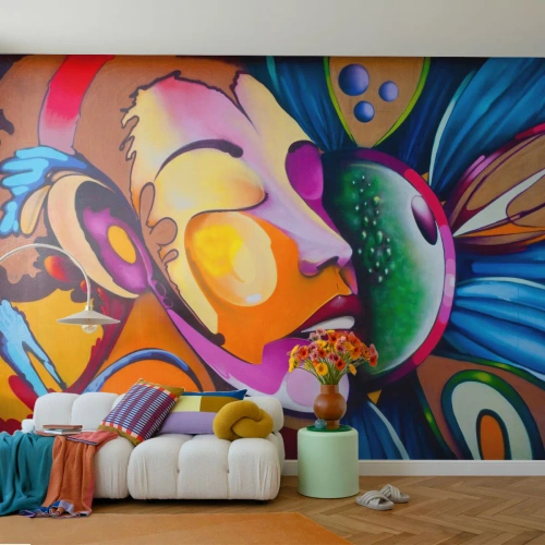 Selbstklebende Fototapete Deluxe Sticker - Mit Farbe berühren - Abstraktion, Frau, Kubismus - 150x105 cm
