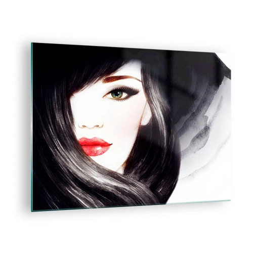 Glasbild - Bild auf glas - Porträt einer Frau mit schwarzen Haaren und ausdrucksstarken roten Lippen - 70x50cm - Saphir-Optik - Moderne Wanddekoration für Wohnzimmer und Schlafzimmer ARTTOR