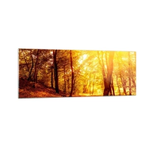Glasbild - Bild auf glas - Herbstlichtung im goldenen Sonnenlicht mit einem Waldweg - 140x50cm - Auf die goldene Lichtung - Moderne Wanddekoration für Wohnzimmer und Schlafzimmer ARTTOR