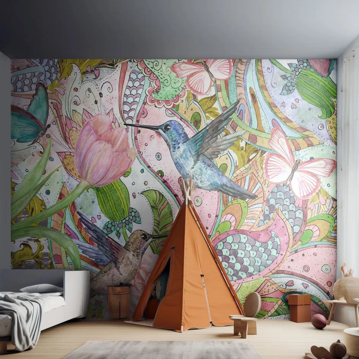 Fototapete Premium Canvas - Bunte Kolibris und Schmetterlinge zwischen den Pflanzen - 100x70cm - Verstrickt in Weinreben - Moderne Wanddekoration für Wohnzimmer und Schlafzimmer ARTTOR