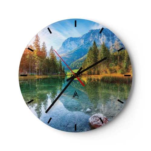 Wanduhr - Glasuhr - Berglandschaft mit See und Wald - 30x30cm - Die Sanftheit des Herbstes - Moderne Wanddekoration für Wohnzimmer, Küche und Schlafzimmer ARTTOR