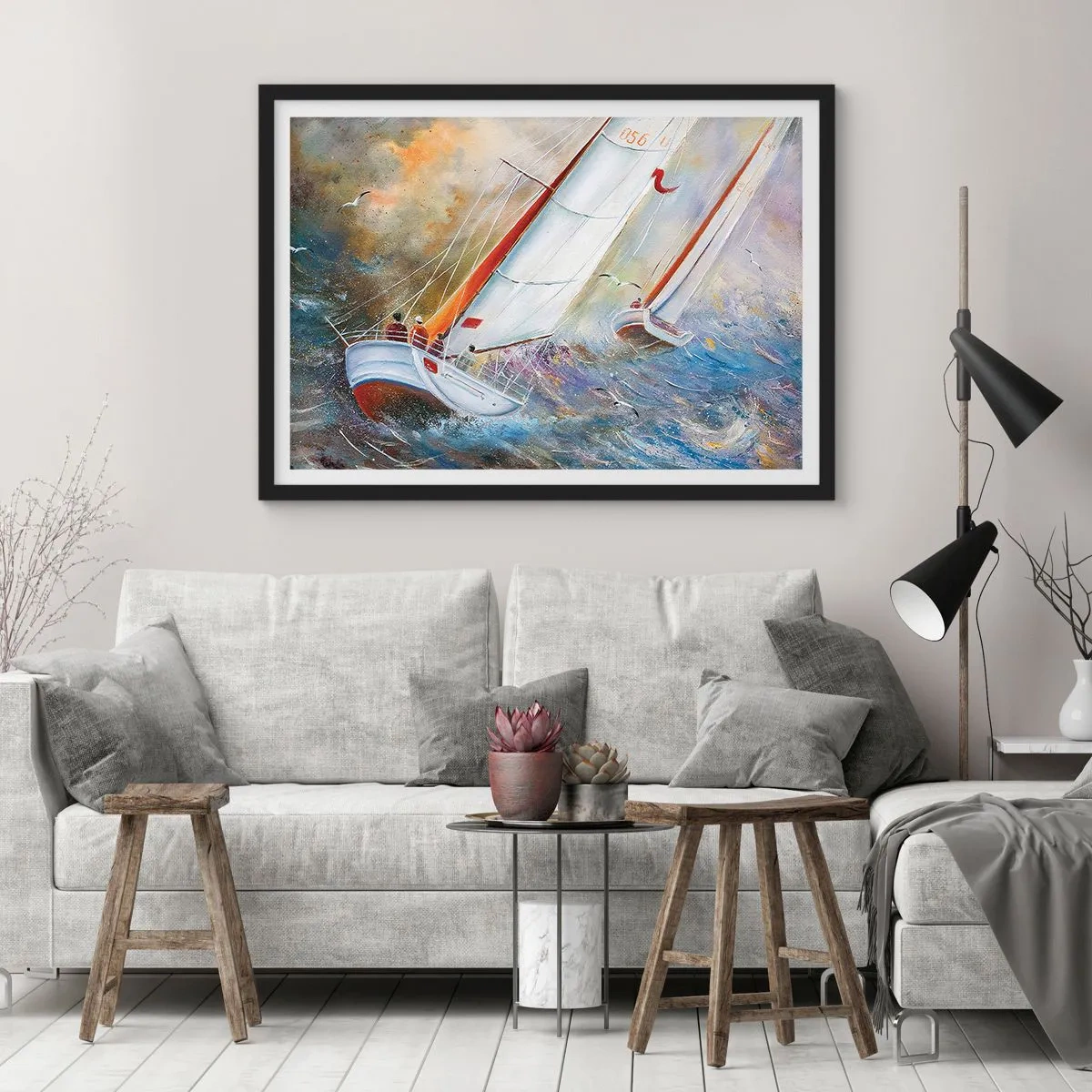 Poster in einem schwarzem Rahmen - Segelboote auf rauen Wellen in einer dynamischen Komposition - 70x50cm - Durch die Wellen laufend - Moderne Wanddekoration für Wohnzimmer und Schlafzimmer ARTTOR