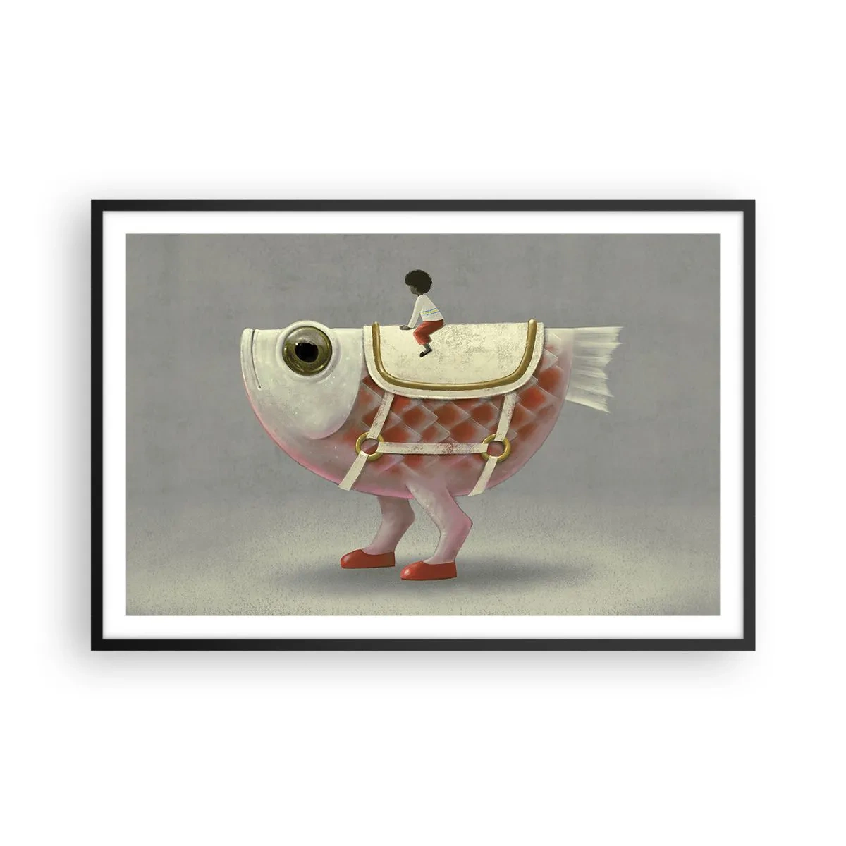 Poster in einem schwarzem Rahmen - Reiter auf einem surrealen Fisch - 91x61 cm