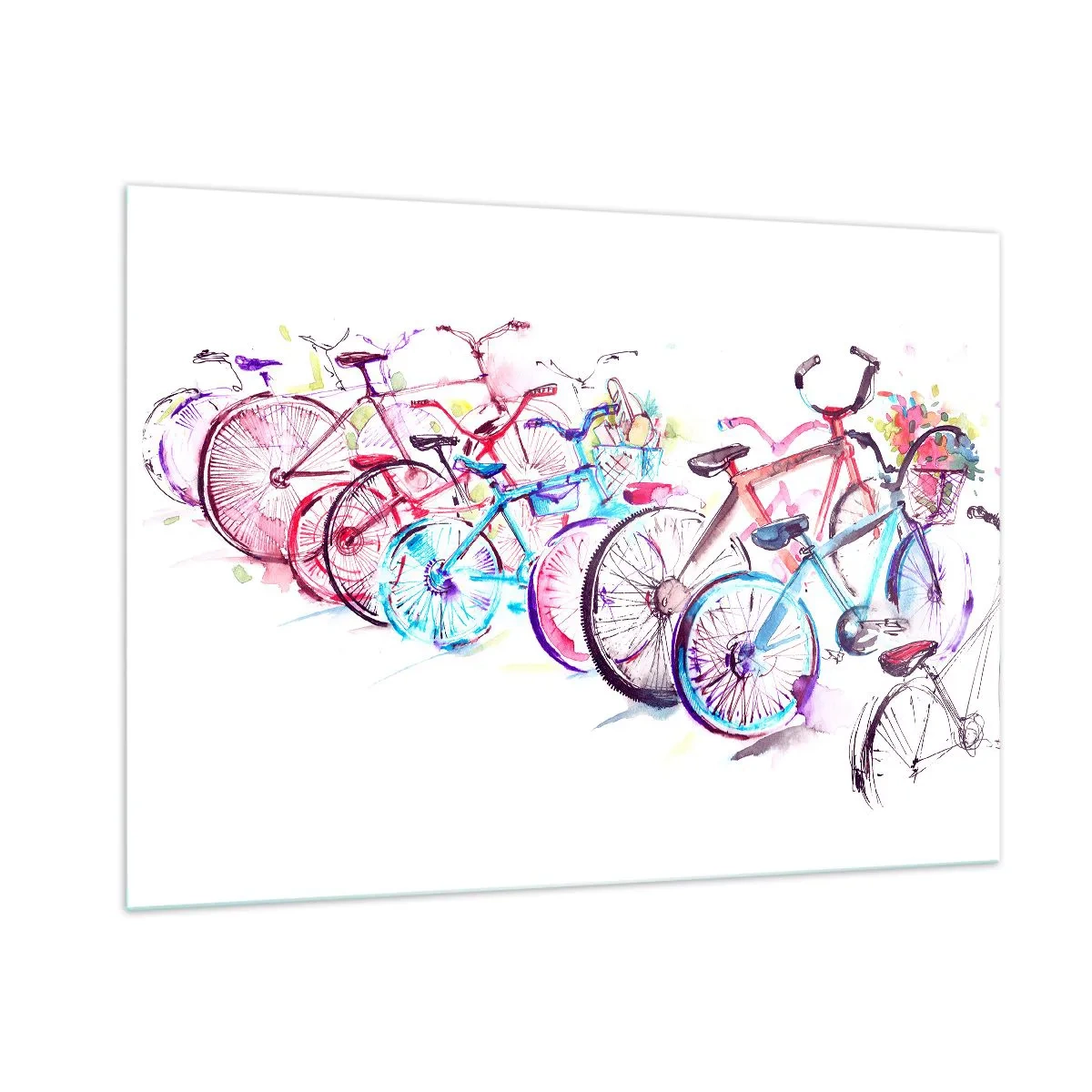 Glasbild - Bild auf glas - Bunte Fahrräder im Aquarellstil - 100x70cm - Kongress des Antimoto-Clubs - Moderne Wanddekoration für Wohnzimmer und Schlafzimmer ARTTOR