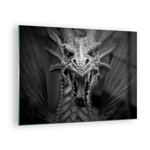 Glasbild - Bild auf glas - Detailliertes Porträt eines Drachen in Schwarzweiß - 70x50cm - Ein märchenhafter Drache in Grau - Moderne Wanddekoration für Wohnzimmer und Schlafzimmer ARTTOR
