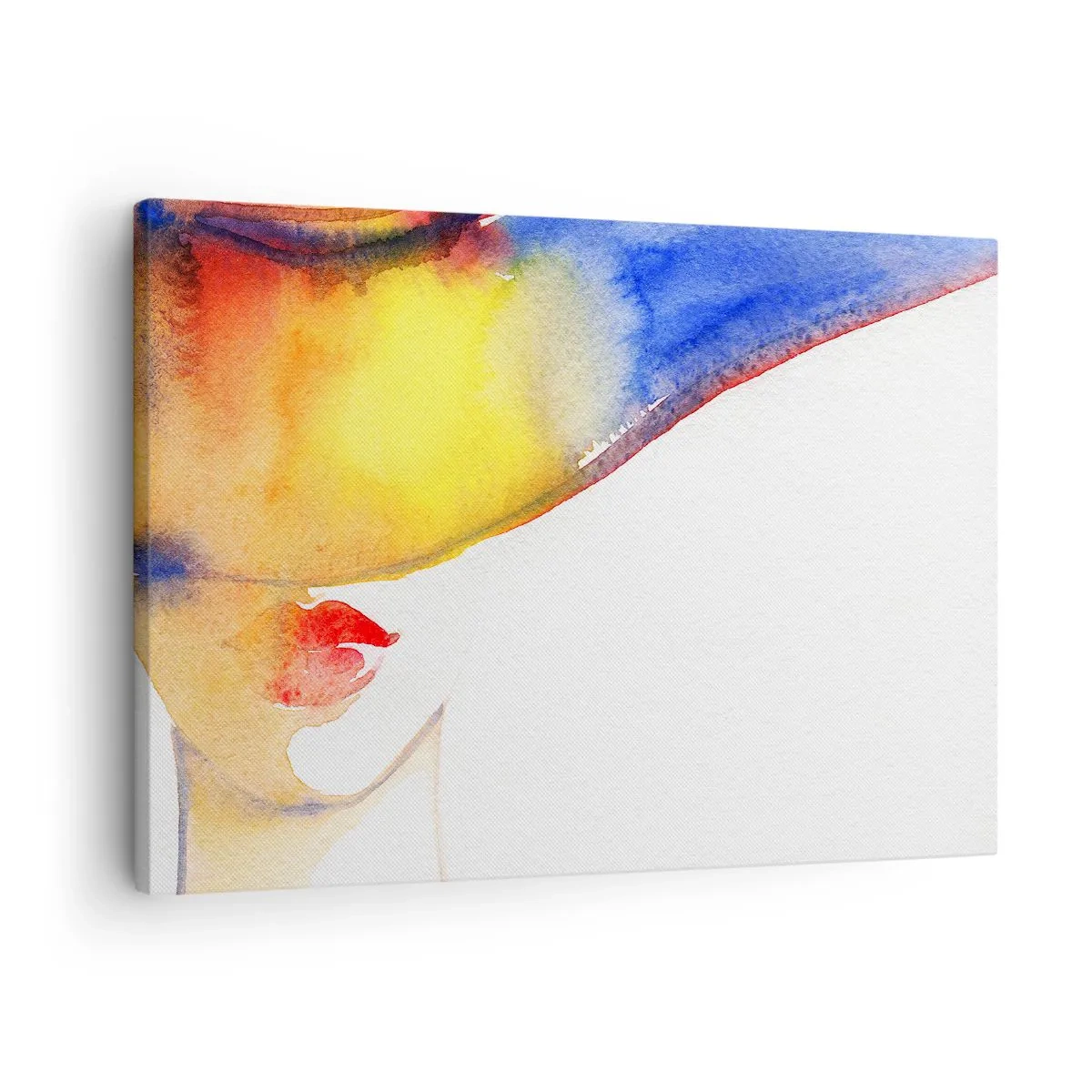 Bild auf Leinwand - Leinwandbild - Ein minimalistisches Aquarellgemälde des Profils einer Frau mit einem bunten Hut. - 70x50cm - Bildnis einer Dame - Moderne Wanddekoration für Wohnzimmer und Schlafzimmer ARTTOR