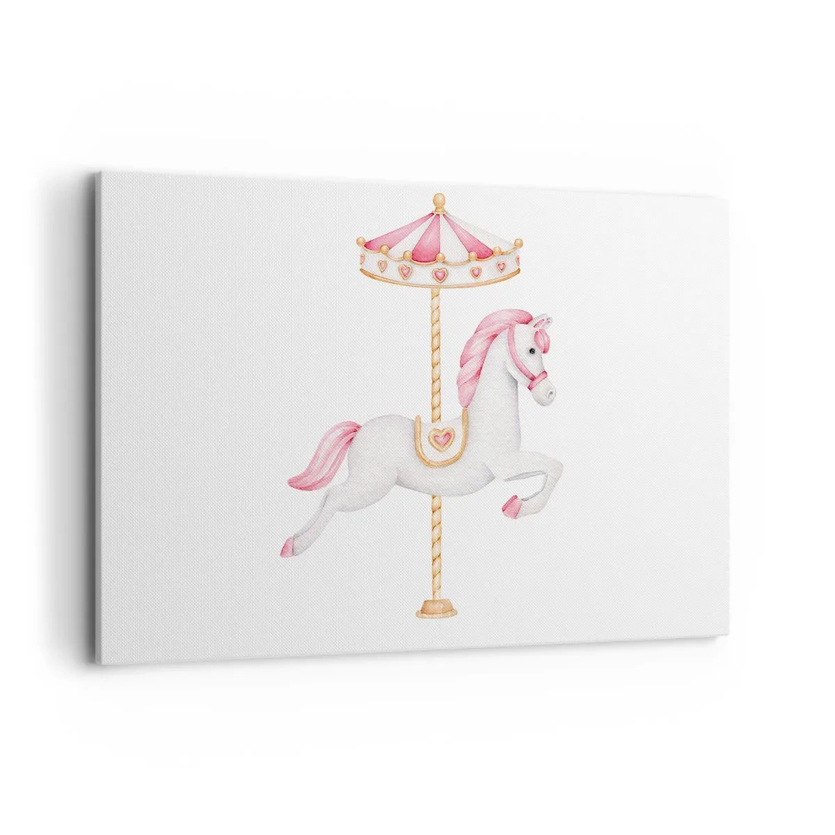 Bild auf Leinwand - Leinwandbild - Ein Karussellpferd in Pastelltönen von Rosa - 120x80cm - Er legte los - Moderne Wanddekoration für Wohnzimmer und Schlafzimmer ARTTOR