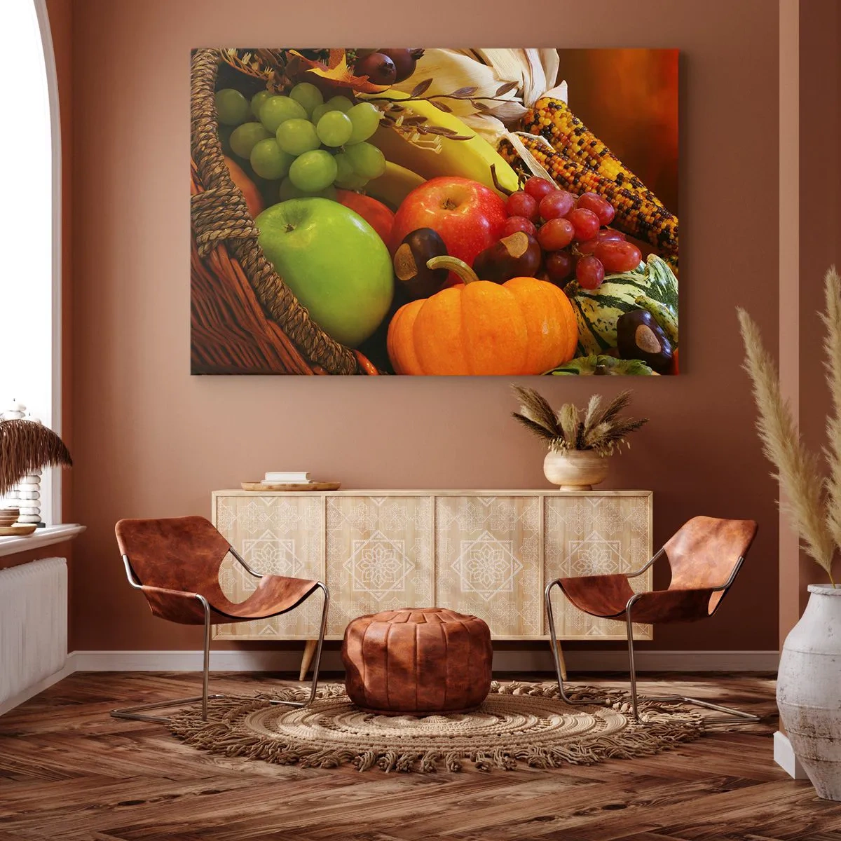 Bild auf Leinwand - Leinwandbild - Ein Korb mit Obst, Kürbissen und Mais vor einem Hintergrund aus Herbstfarben. - 70x50cm - Ein Korb voller Ernte - Moderne Wanddekoration für Wohnzimmer und Schlafzimmer ARTTOR