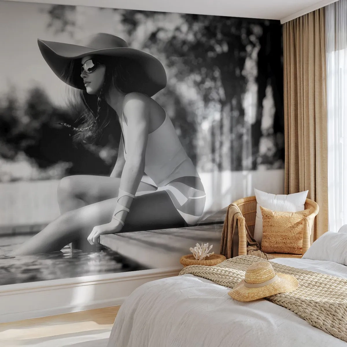Selbstklebende Fototapete Deluxe Sticker - Sommertraum - Frau, Hut, Schwimmbad - 450x315 cm