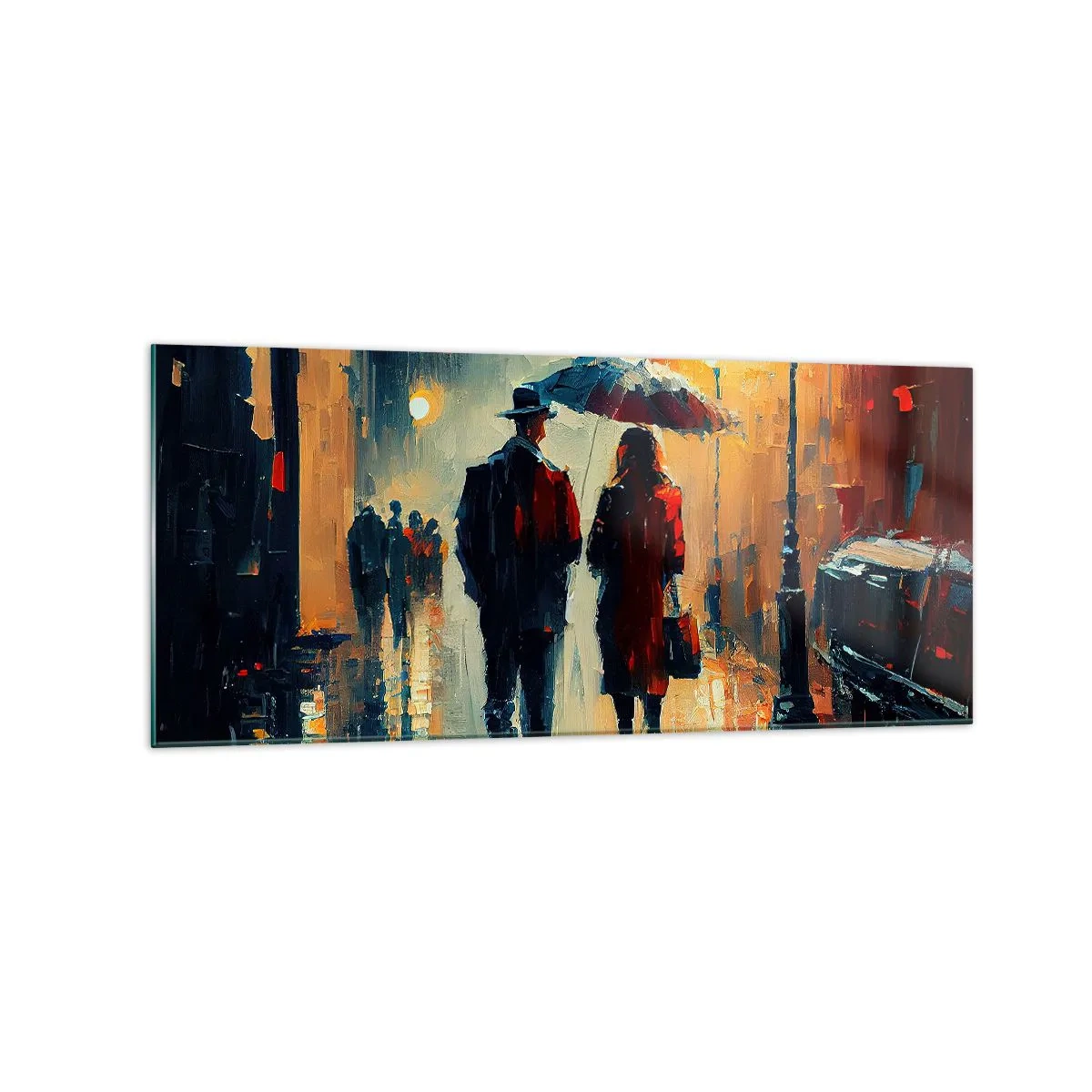 Glasbild - Bild auf glas - Nachts im Regen unter einem Regenschirm in der Stadt spazieren gehen - 120x50cm - Urbane Liebesgeschichte - Moderne Wanddekoration für Wohnzimmer und Schlafzimmer ARTTOR