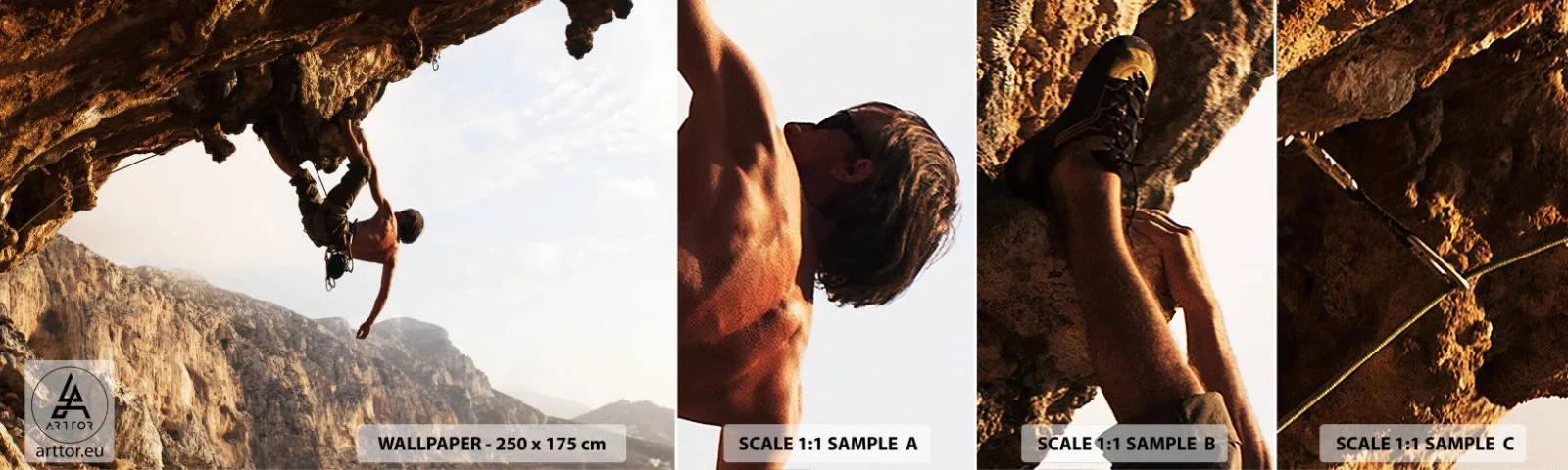 Fototapeten Muster Selbstklebend Deluxe Sticker - Die Welt ist in einer Hand auf einem Felsblock geschrumpft - Insel Kalymnos, Klettern, Landschaft - 100x30 cm