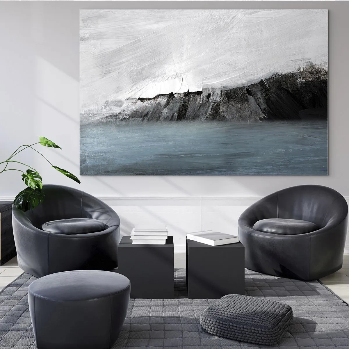 Glasbild - Bild auf glas - Abstrakte Komposition in Blau-, Weiß- und Schwarztönen - 70x50cm - Wasser – Erde: Kampf der Naturelemente - Moderne Wanddekoration für Wohnzimmer und Schlafzimmer ARTTOR