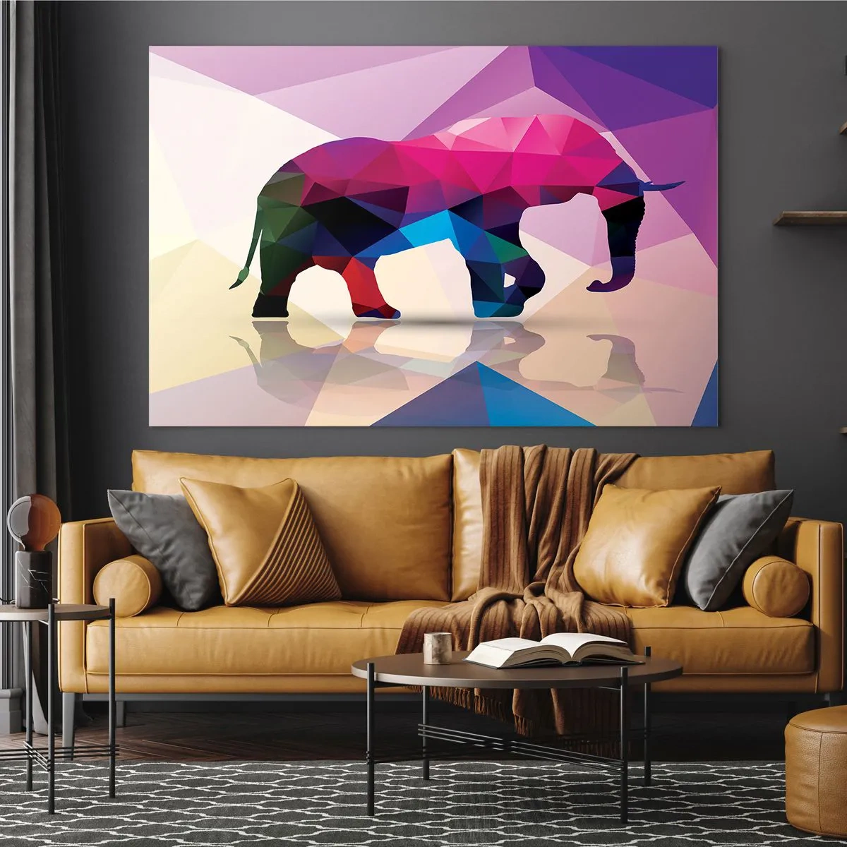 Glasbild - Bild auf glas - Geometrischer Elefant in lebendiger, farbenfroher Abstraktion - 120x80cm - Kristalldinosaurier - Moderne Wanddekoration für Wohnzimmer und Schlafzimmer ARTTOR