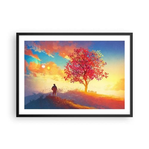 Poster in einem schwarzem Rahmen - Eine Figur auf einem Hügel neben einem bunten Baum im Licht der untergehenden Sonne - 70x50cm - Pilger am Ziel - Moderne Wanddekoration für Wohnzimmer und Schlafzimmer ARTTOR
