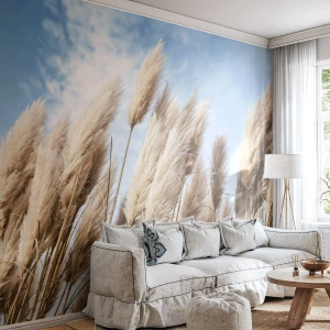 Fototapete Premium Sand - Pampasgras vor blauem Himmel - 100x70cm - Sonnige und windige Liebkosungen - Moderne Wanddekoration für Wohnzimmer und Schlafzimmer ARTTOR