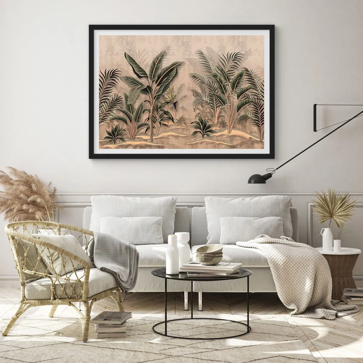 Poster in einem schwarzem Rahmen - Palmen und tropische Vegetation in Grüntönen auf beigem Hintergrund - 70x50cm - Eine Gravur im Kolonialstil - Moderne Wanddekoration für Wohnzimmer und Schlafzimmer ARTTOR