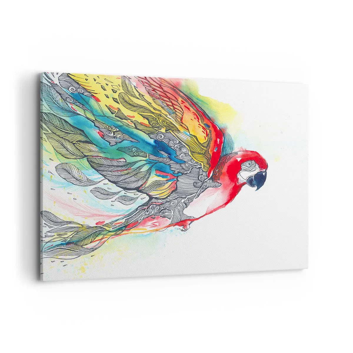 Bild auf Leinwand - Leinwandbild - Ein bunter Papagei im Flug mit abstrakten Mustern auf seinen Flügeln. - 100x70cm - Leben Sie bunt - Moderne Wanddekoration für Wohnzimmer und Schlafzimmer ARTTOR