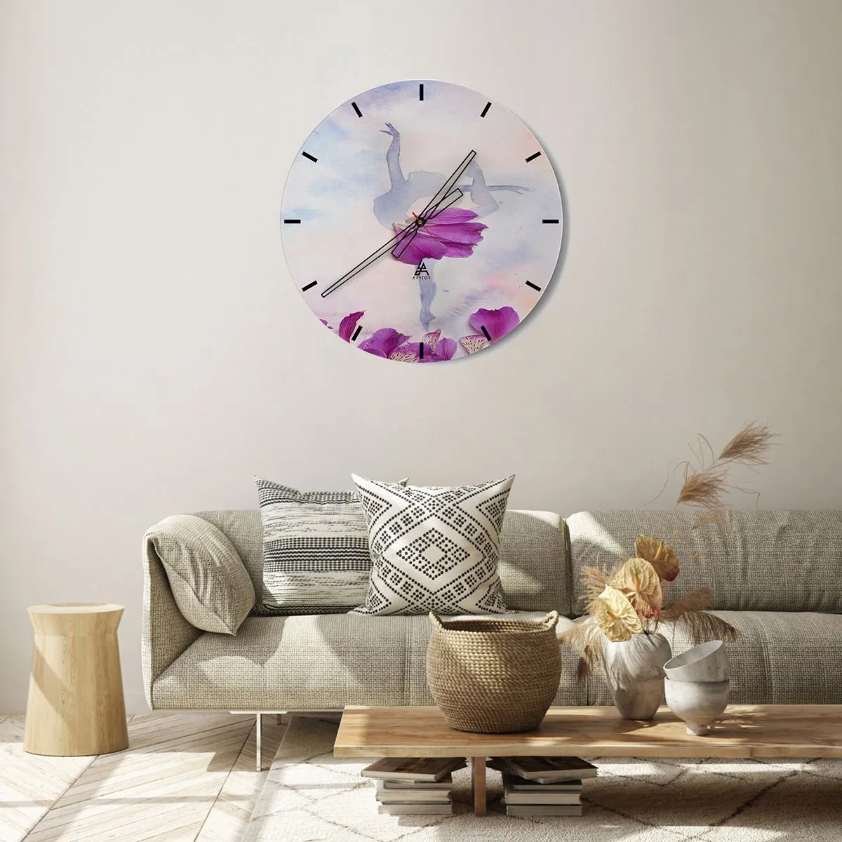 Wanduhr - Glasuhr - Silhouette einer Ballerina mit Blumen in Pastellfarben - 30x30cm - Zart wie eine Blume - Moderne Wanddekoration für Wohnzimmer, Küche und Schlafzimmer ARTTOR