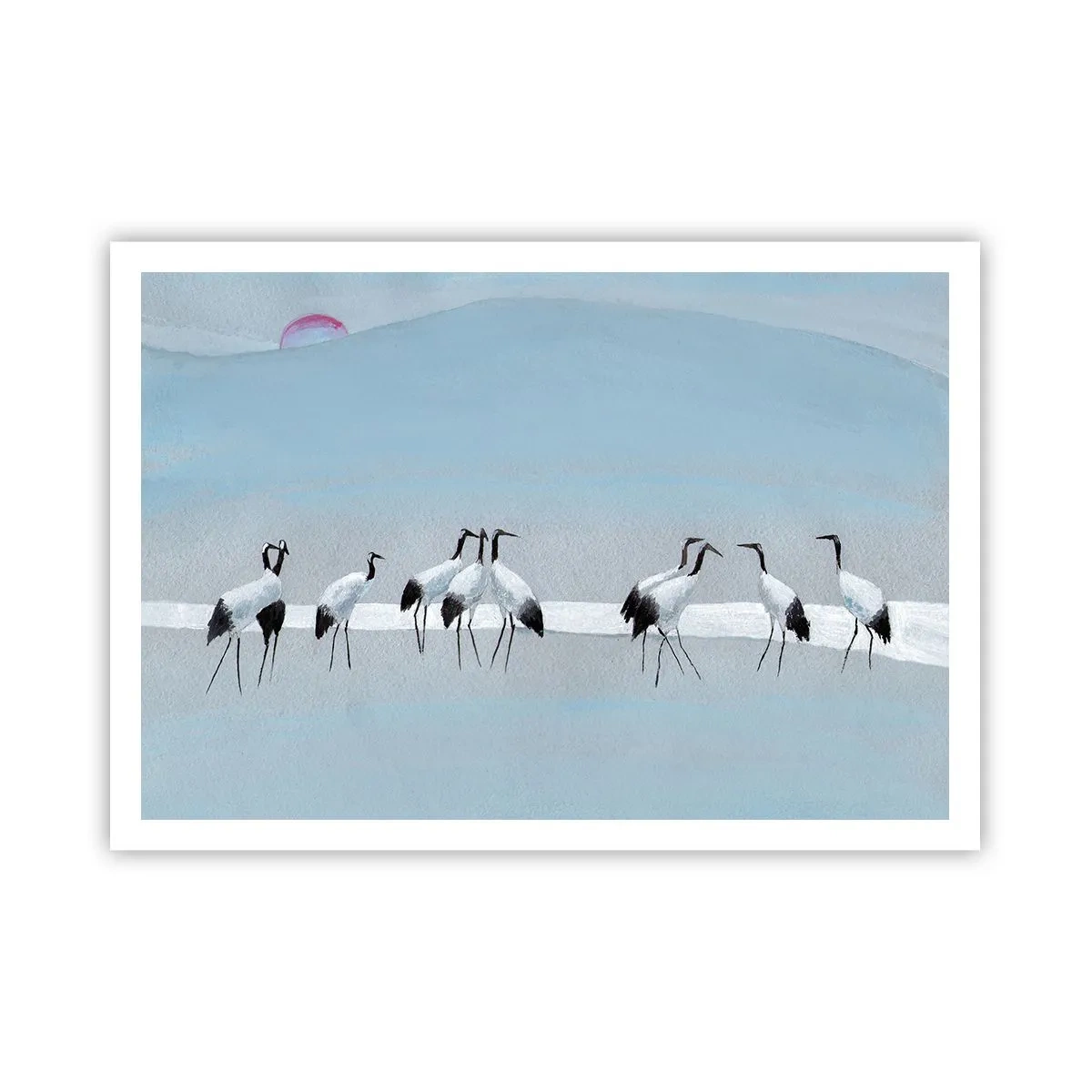 Poster - Eine Gruppe von Kranichen vor blauem Himmel und der aufgehenden Sonne - 100x70cm - Nach einem heißen Tag - Moderne Wanddekoration für Wohnzimmer und Schlafzimmer ARTTOR