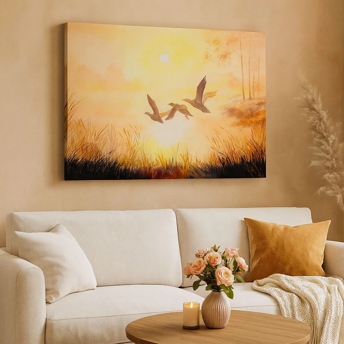 Bild auf Leinwand - Leinwandbild - Enten fliegen bei Sonnenaufgang über den See - 70x50cm - Der Beginn einer langen Reise - Moderne Wanddekoration für Wohnzimmer und Schlafzimmer ARTTOR