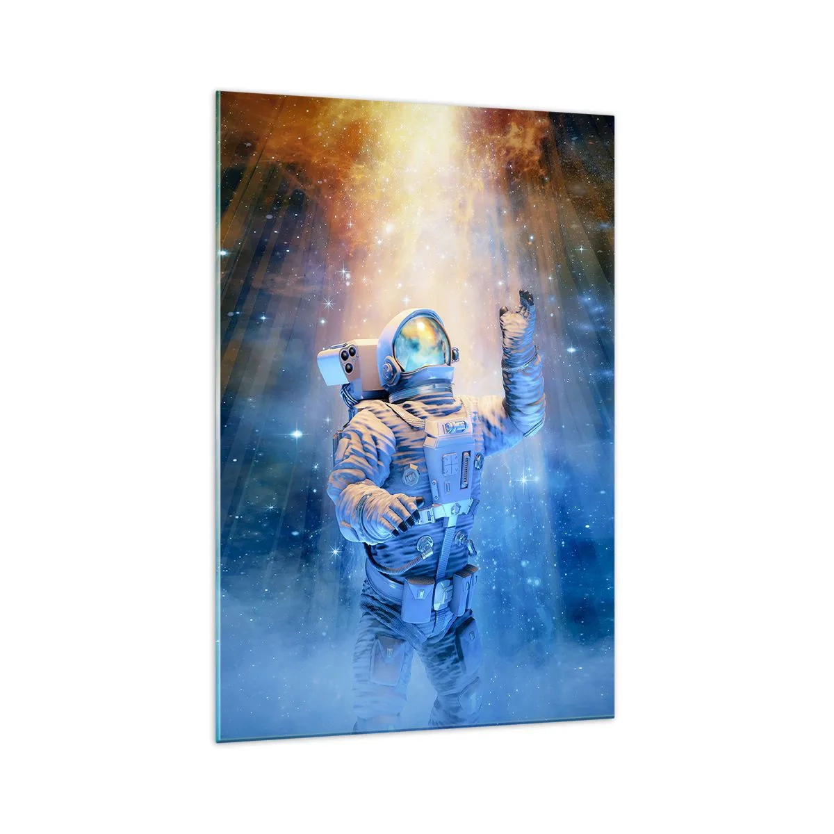 Glasbild - Bild auf glas - Astronaut im Licht einer kosmischen Explosion voller Sterne - 70x100cm - Endlich am Ende - Moderne Wanddekoration für Wohnzimmer und Schlafzimmer ARTTOR