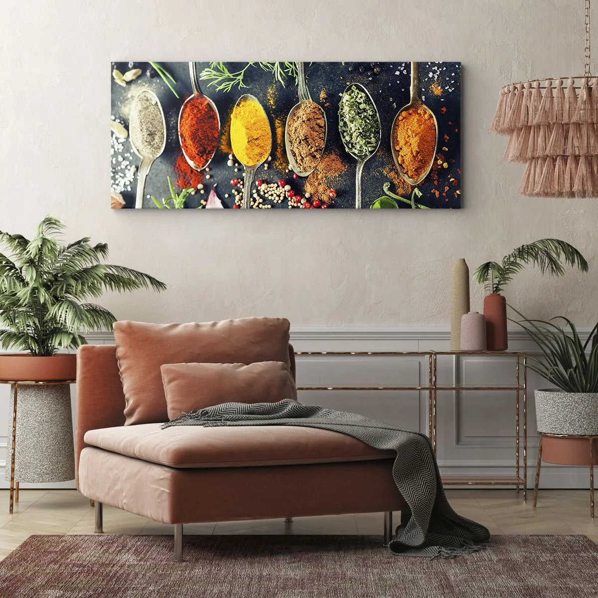 Bild auf Leinwand - Leinwandbild - Bunte Gewürze auf Löffeln mit Kräutern im Hintergrund - 120x50cm - Kulinarische Magie - Moderne Wanddekoration für Wohnzimmer und Schlafzimmer ARTTOR