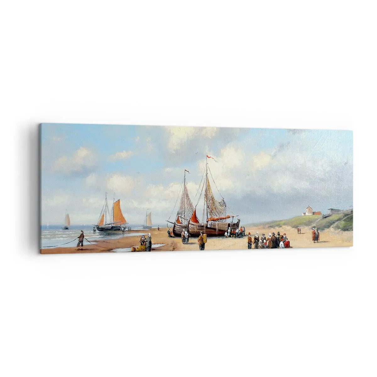 Bild auf Leinwand - Leinwandbild - Fischerboote am Strand mit menschlichen Figuren - 140x50cm - Nach einem erfolgreichen Fischfang - Moderne Wanddekoration für Wohnzimmer und Schlafzimmer ARTTOR