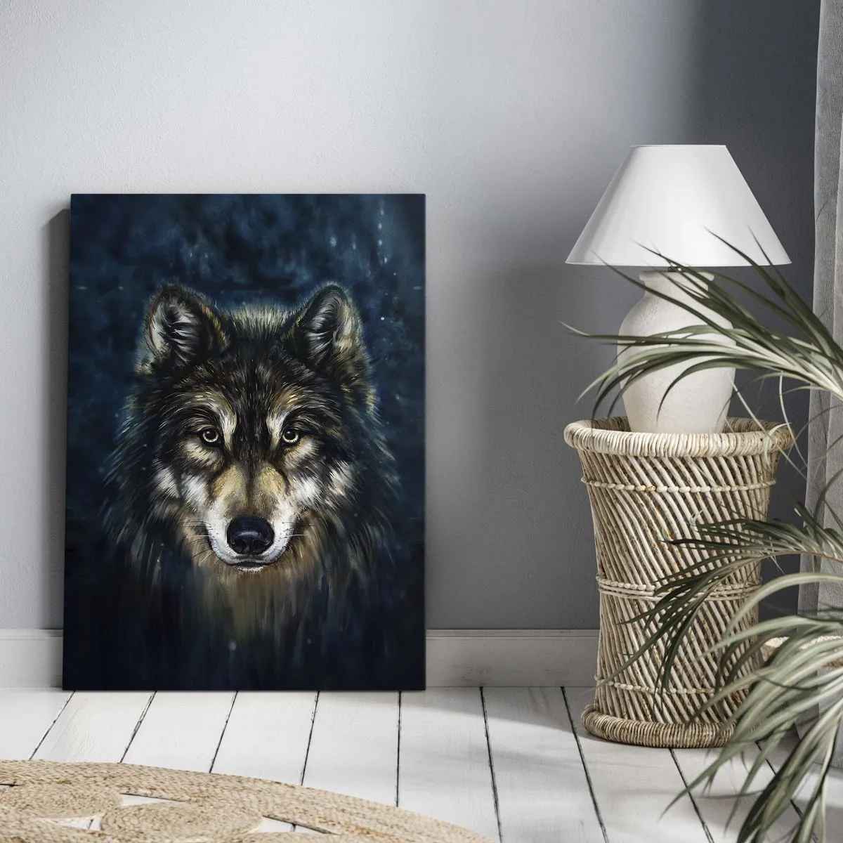 Bild auf Leinwand - Leinwandbild - Porträt eines Wolfes auf dunkelblauem Hintergrund - 80x120cm - Alpha? Und Omega - Moderne Wanddekoration für Wohnzimmer und Schlafzimmer ARTTOR