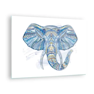 Glasbild - Bild auf glas - Blauer Elefant im künstlerischen Stil mit geometrischen Mustern - 70x50cm - In Gold und Blau eingelegt - Moderne Wanddekoration für Wohnzimmer und Schlafzimmer ARTTOR