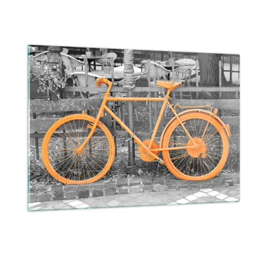 Glasbild - Bild auf glas - Eine Illustration eines orange lackierten Fahrrads vor einem schwarz-weißen Hintergrund. - 120x80cm - Geh, ich warte hier - Moderne Wanddekoration für Wohnzimmer und Schlafzimmer ARTTOR