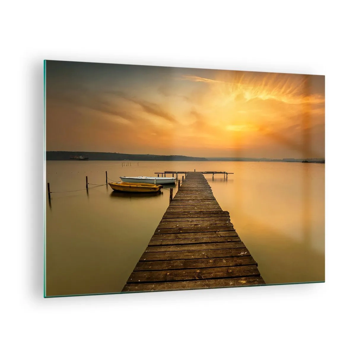 Glasbild - Bild auf glas - Pier auf dem See bei Sonnenuntergang mit einem Boot - 70x50cm - Ich werde dir den goldenen Himmel öffnen - Moderne Wanddekoration für Wohnzimmer und Schlafzimmer ARTTOR