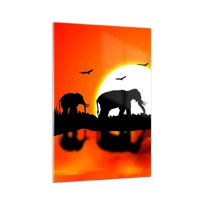 Glasbild - Bild auf glas - Silhouetten von Elefanten bei Sonnenuntergang über dem Wasser mit Reflexion - 70x100cm - Und abends einen kleinen Drink trinken - Moderne Wanddekoration für Wohnzimmer und Schlafzimmer ARTTOR
