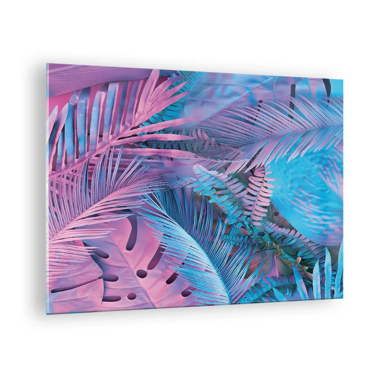 Glasbild - Bild auf glas - Tropische Blätter in Rosa- und Blautönen auf neonfarbenem Hintergrund - 70x50cm - Tropen in Rosa und Blau - Moderne Wanddekoration für Wohnzimmer und Schlafzimmer ARTTOR