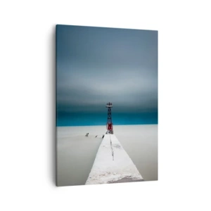 Bild auf Leinwand - Leinwandbild - Ein Leuchtturm am Ende eines Betonpfeilers in einer kargen Landschaft - 50x70cm - Um der Weite zu begegnen - Moderne Wanddekoration für Wohnzimmer und Schlafzimmer ARTTOR