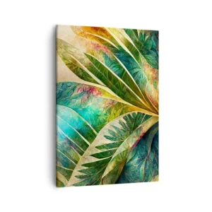 Bild auf Leinwand - Leinwandbild - Bunte tropische Blätter auf hellem Hintergrund - 50x70cm - Farben der Tropen - Moderne Wanddekoration für Wohnzimmer und Schlafzimmer ARTTOR