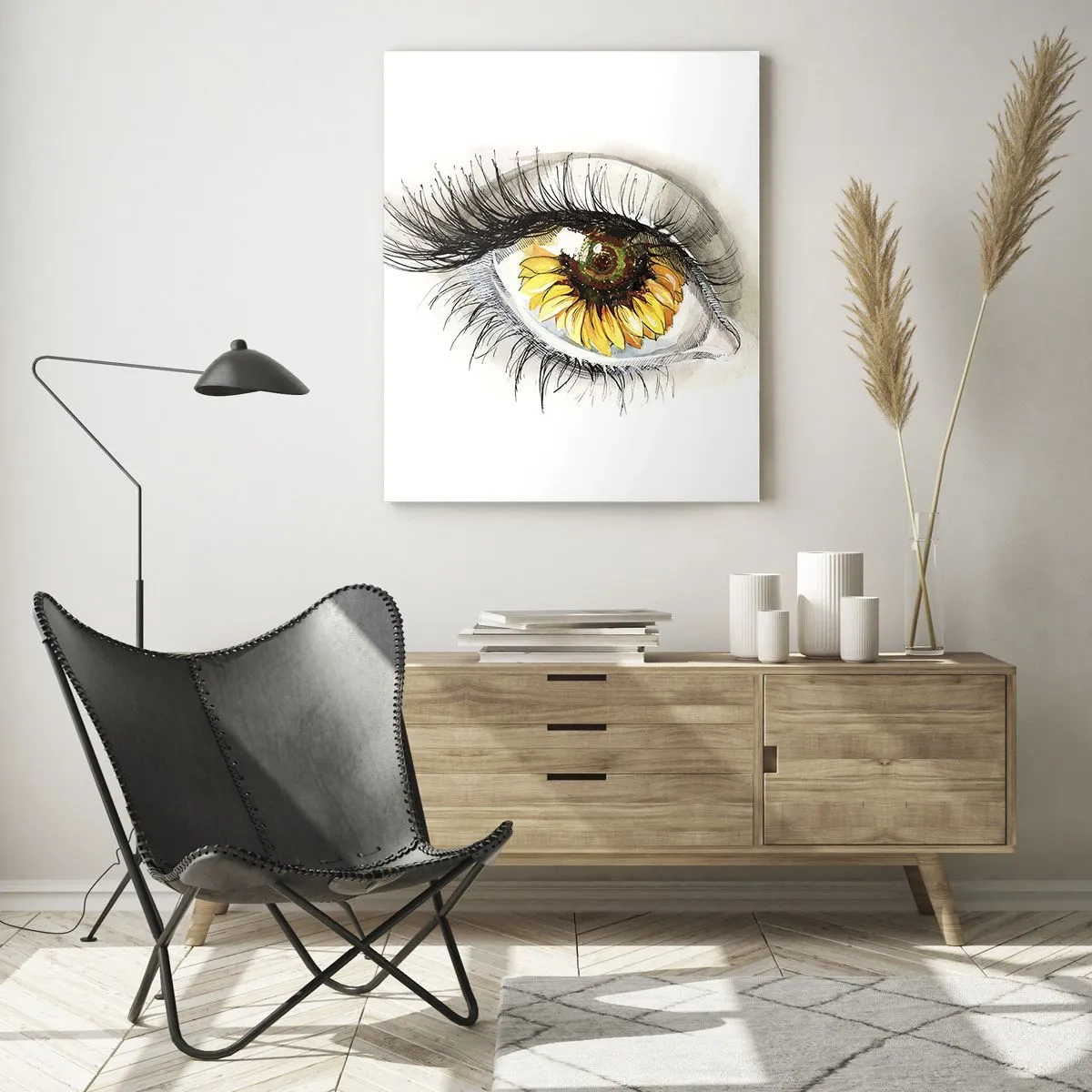 Glasbild - Bild auf glas - Ein Auge mit Sonnenblumenmotiv, umgeben von zarten Details - 50x70cm - Ein Look so heiß wie der Sommer - Moderne Wanddekoration für Wohnzimmer und Schlafzimmer ARTTOR