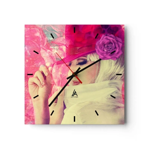 Wanduhr - Glasuhr - Stilvolle Frau mit rosa Hut und Blume - 30x30cm - Retro-Porträt in einem rosa Nebel - Moderne Wanddekoration für Wohnzimmer und Schlafzimmer ARTTOR
