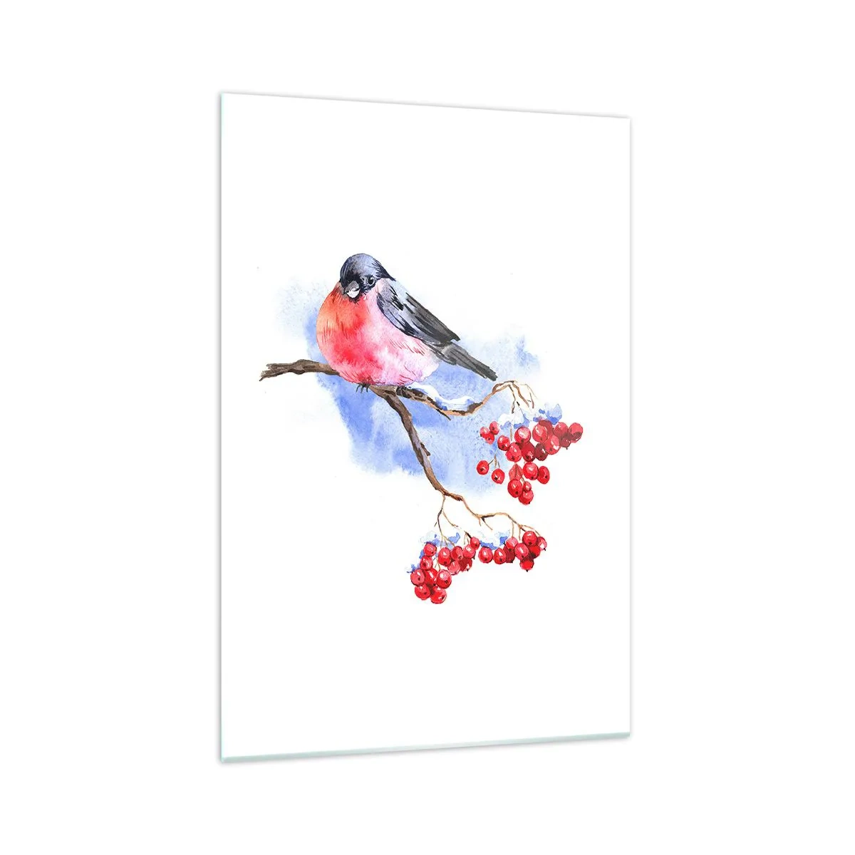 Glasbild - Bild auf glas - Vogel auf einem Zweig mit roten Früchten im Aquarellhintergrund - 70x100cm - Winter in Farbe - Moderne Wanddekoration für Wohnzimmer und Schlafzimmer ARTTOR