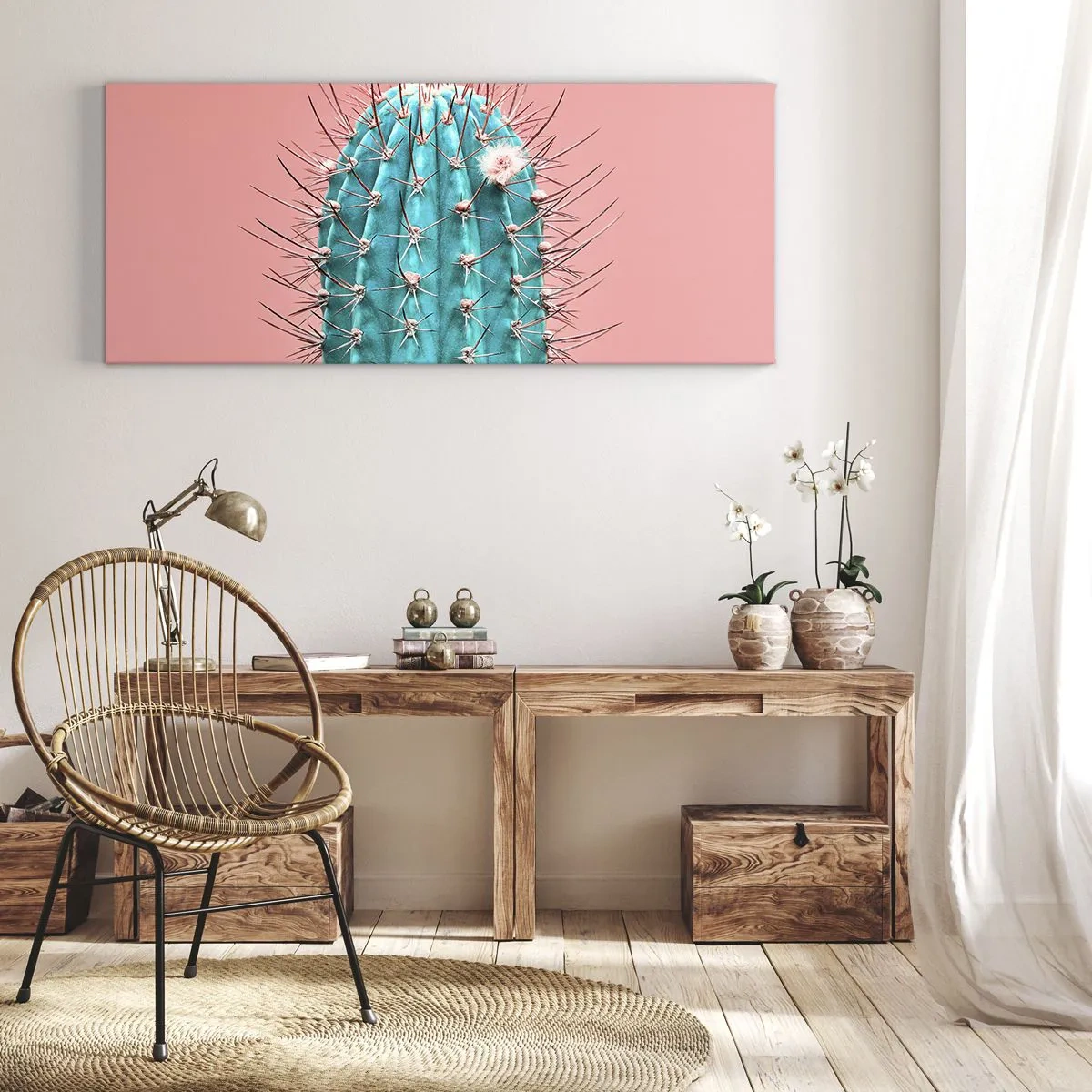 Bild auf Leinwand - Leinwandbild - Eine künstlerische Interpretation eines Kaktus auf rosa Hintergrund - 120x50cm - Schau einfach hin - Moderne Wanddekoration für Wohnzimmer und Schlafzimmer ARTTOR