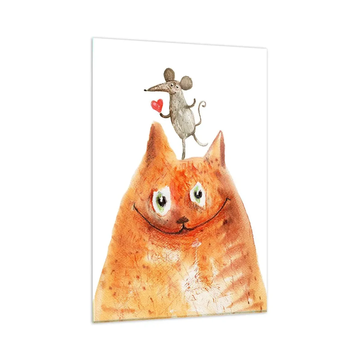 Glasbild - Bild auf glas - Eine Zeichnung einer Katze mit einer Maus auf dem Kopf, die ein Herz hält - 80x120cm - Paradoxien der Liebe - Moderne Wanddekoration für Wohnzimmer und Schlafzimmer ARTTOR
