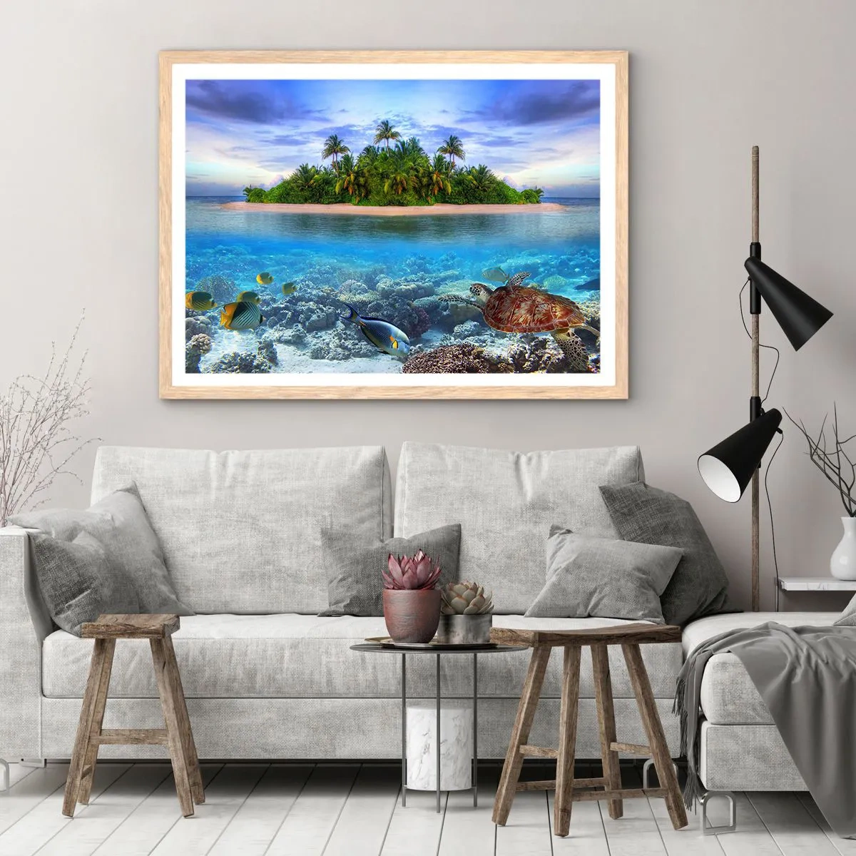 Poster in einem Rahmen aus heller Eiche - Heavenly Island lädt dich ein - 50x40 cm