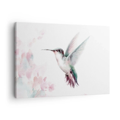 Bild auf Leinwand - Leinwandbild - Ein Kolibri in zarten Pastellfarben vor einem Hintergrund aus Blumen - 70x50cm - Im Flattern gehalten - Moderne Wanddekoration für Wohnzimmer und Schlafzimmer ARTTOR