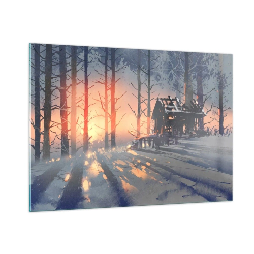 Glasbild - Bild auf glas - Winterwald bei Sonnenuntergang mit einem Häuschen im Hintergrund - 100x70cm - Hier sieht nur die Sonne rein - Moderne Wanddekoration für Wohnzimmer und Schlafzimmer ARTTOR