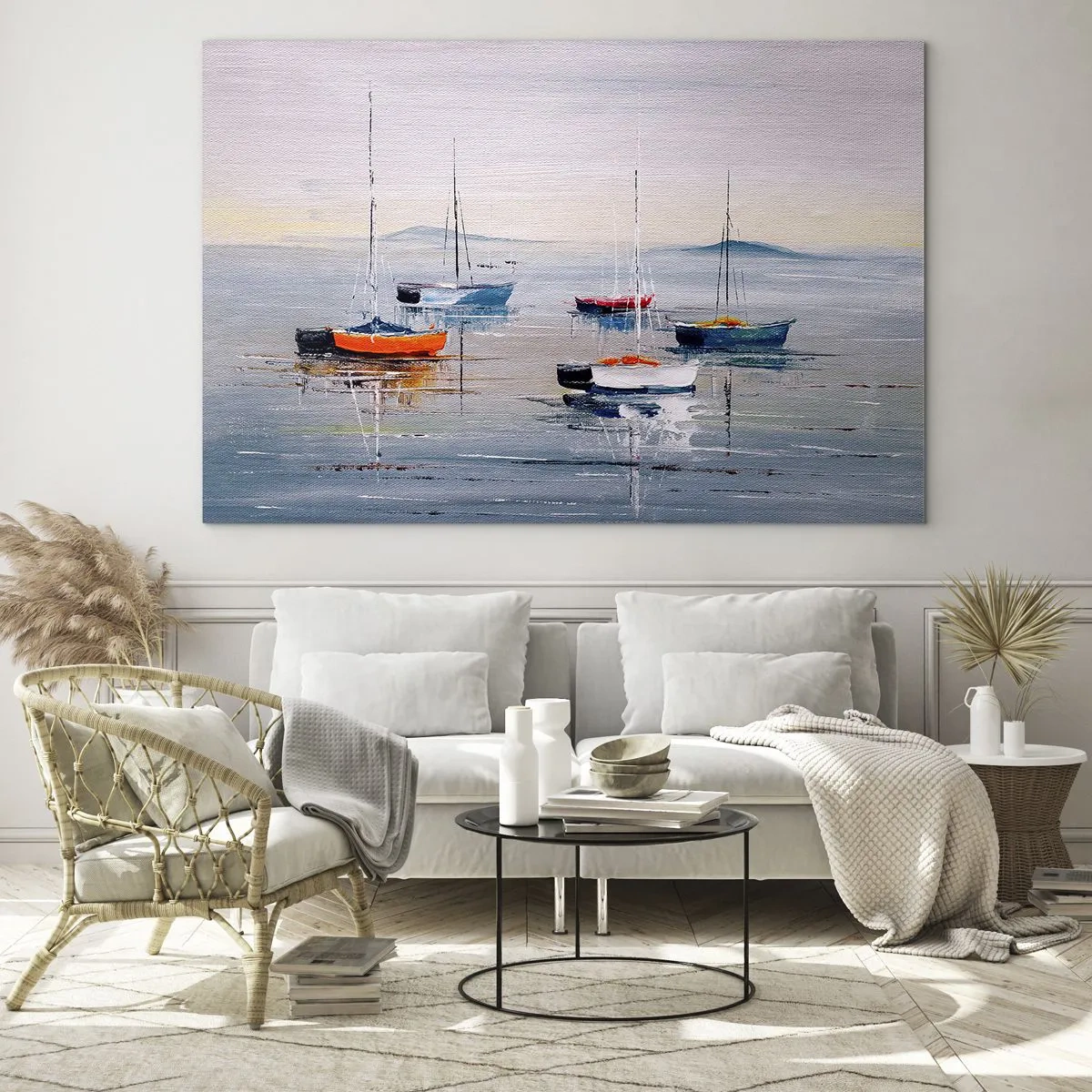 Glasbild - Bild auf glas - Bunte Boote treiben bei Sonnenuntergang auf dem ruhigen Wasser - 70x50cm - Wohlverdiente Ruhe - Moderne Wanddekoration für Wohnzimmer und Schlafzimmer ARTTOR