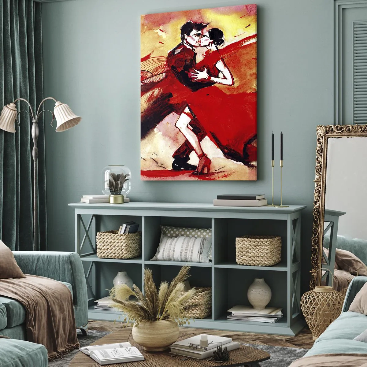 Bild auf Leinwand - Leinwandbild - Ein Paar tanzt Tango in Rottönen vor einem dynamischen Hintergrund. - 80x120cm - Der violette Rhythmus der Leidenschaft - Moderne Wanddekoration für Wohnzimmer und Schlafzimmer ARTTOR