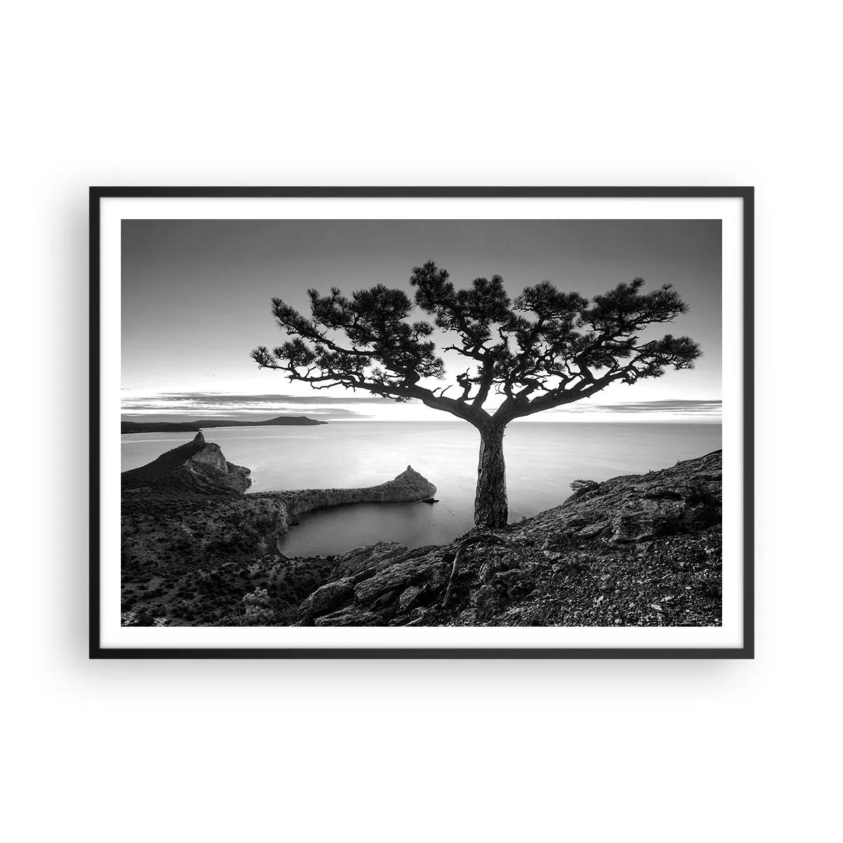 Poster in einem schwarzem Rahmen - Schwarz-weiße Landschaft mit einem einsamen Baum auf einer Klippe über dem Meer - 100x70cm - Stille bis zum Horizont - Moderne Wanddekoration für Wohnzimmer und Schlafzimmer ARTTOR