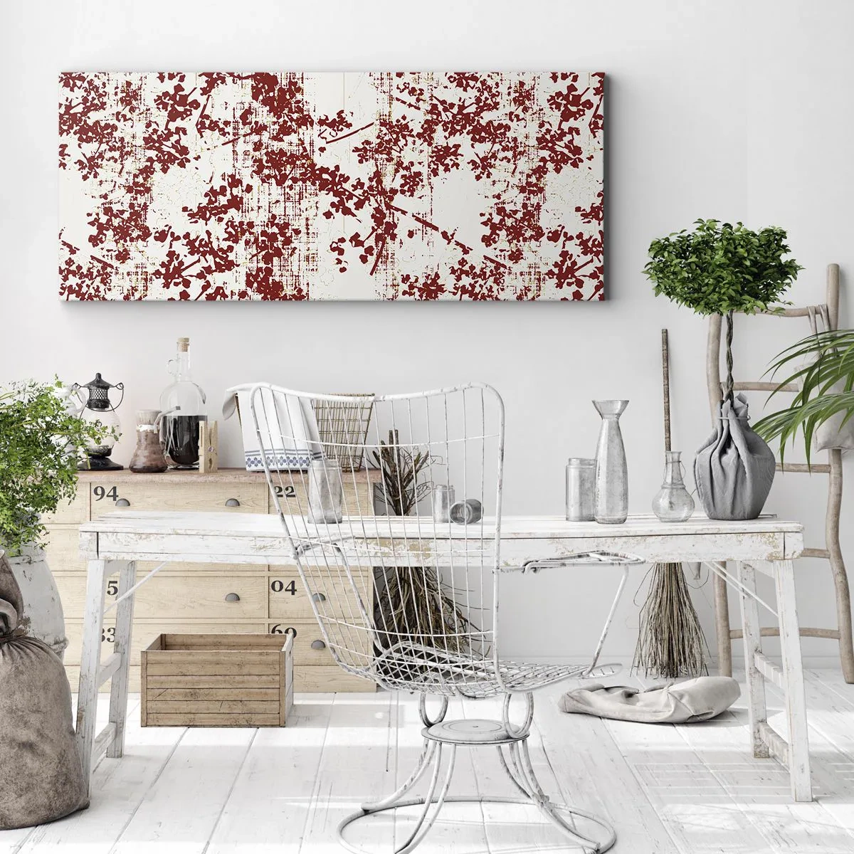 Bild auf Leinwand - Leinwandbild - Rote Blumen auf weißem Hintergrund im künstlerischen Stil - 140x50cm - Wie alter Perkal - Moderne Wanddekoration für Wohnzimmer und Schlafzimmer ARTTOR
